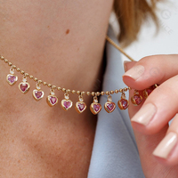 Gemnel Hängende Herz-Halskette aus 925er Silber und 14K Gold mit Edelsteinen, Rosa Saphir & Diamant Anhänger, Verspielte Kugelkette