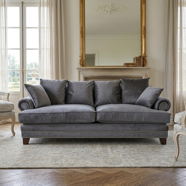 S1052 Antique French Chesterfield Solid Oak Legs Wooden Frame Carved Fabric Upholstered 3 Seater Living Room Sofa Home Hotel