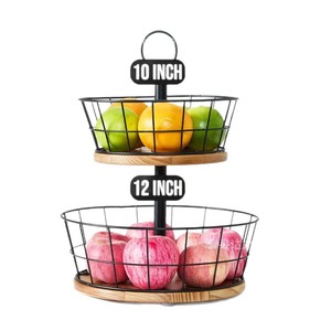 Double Layer Iron <b>Storage</b> <b>Basket</b> 12+10 Inch <b>Large</b> Capacity Kitchen Fruit Vegetable Holder Round Standing Type - Product Image 2