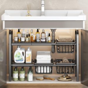 2-Tier Kitchen Metal Sink Organizer Adjustable Length Expendable Storage Tray Double Tiers <b>Standing</b> Type Holder - Product Image 5