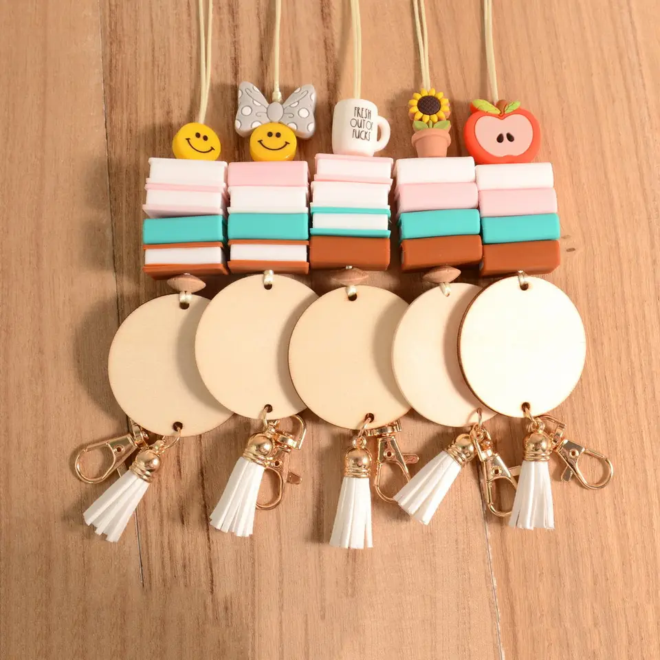 New Designs Personalized Teacher Lanyard Silicone Beads Smile Book apple Lanyard Keychain with Tassel Teacher Gift Image 2