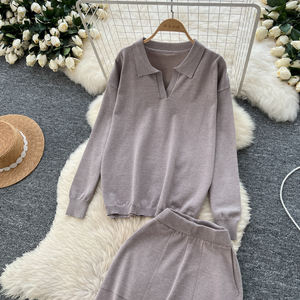 Traje informal de dos piezas para mujer, Top de manga larga con cuello y pantalones de cintura alta, conjunto de 2 uds barato para mujer - Product Image 6