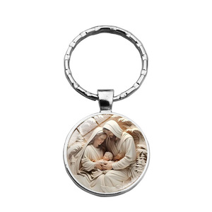 Catholic Blessed Angel Baby Keychain Retro Metal Glass Key Chains Religious Keyring Bautizo Baptism Favors Virgin Mary Keychain