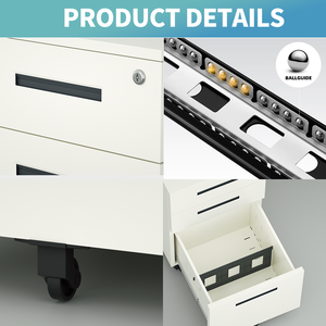 Meuble de classement mobile en acier à 3 tiroirs avec serrure centralisée et roulettes, tiroir pleine longueur 45 cm pour bureau - Product Image 4