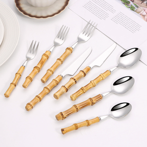 أدوات مائدة بمقبض خيزران طبيعي حقيقي طقم أدوات مائدة من الفولاذ المقاوم للصدأ عالي الجودة أواني مطبخ ومجموعة شوكة - Product Image 2