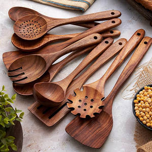 Bộ đồ ăn bằng gỗ Tếch tự nhiên muỗng lò nồi Turner gạo chao súp Skimmer nấu ăn muỗng muỗng muỗng nhà bếp tái sử dụng Bộ công cụ - Product Image 3