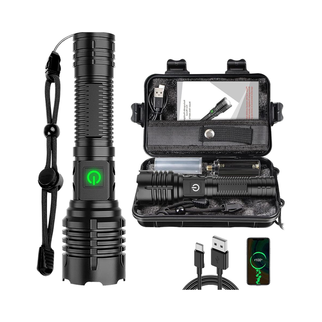XHP70.2 Super Bright LED Rechargeable Flashlight High Lumen 5 Modes Zoomable IP65 Waterproof Emergency Camping Flashlight