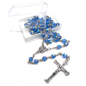 Collier chapelet en cristal bleu saphir, bleu lac, bleu ciel, avec pendentif croix perlée, bijoux religieux unisexe, chaîne en argent 925 - Product Image 3