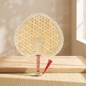 Artisan Leaf-Shaped Wheat Straw Fan - Hand-Embroidered <b>Red</b> <b>Silk</b> Design Natural & Durable Festive Hand Fan. - Product Image 1