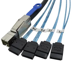 SAS Mini HD SFF8644 ke kabel SATA 180/90 derajat 4 port 7Pin, SAS Mini SFF-8644 HD ke 4 SATA 7pin 12GB untuk Server Data Hard Disk
