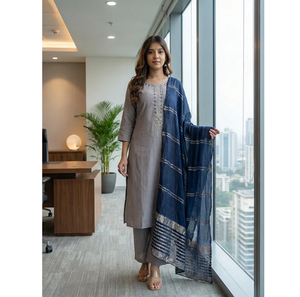 Steel Grey Navy Blue Digital Print Cotton Regular Fit Casual <b>Kurta</b> Pant Set Quick Dry Wrinkle Free <b>Womens</b> Ethnic Wear All Season - Product Image 1
