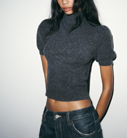 Pull court en maille douce mélangée cachemire pour femme, col montant, gris anthracite, manches courtes bouffantes, coupe ajustée