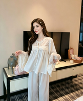 Ensemble de pyjama respirant en soie glacée French Palace pour femme, avec dentelle, manches cloche longues, col luxueux, vêtements de détente, taille élastique