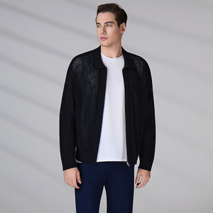 Cardigan en tricot 100 % coton personnalisé avec logo OEM & ODM, pull tricoté à manches longues ajouré style polo pour homme, collection printemps - Product Image 4