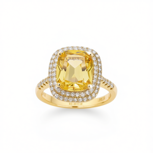 Anello di Lusso in Oro Giallo con Diamante Naturale, Taglio Cushion, Pietra Centrale Gialla Fantasia e Halo di Diamanti per Fidanzamento Femminile - Product Image 1