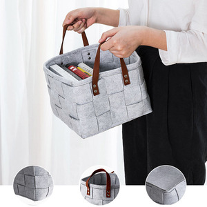 Cesta de almacenamiento tejida de fieltro plegable organizador de juguetes impermeable negro con mango de cuero - Product Image 5