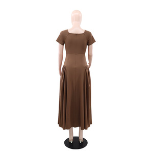 Robe longue plissée à double épissure pour femme, col en V, manches courtes, coupe trapèze, ajustée, unie, décontractée, printemps-automne - Product Image 4