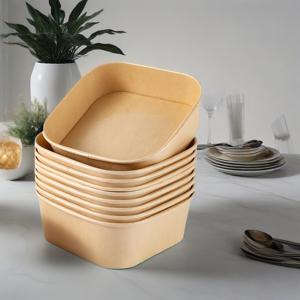 Ensaladera de papel Kraft desechable de sopa impermeable rectangular cuadrada para llevar marrón blanco con tapa - Product Image 3
