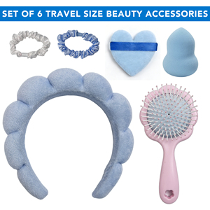 Ensemble beauté Nuage Bleu 6 pièces : <span class=keywords><strong>Bandeau</strong></span> de spa, Brosse démêlante, Chouchous en satin, Houppette en forme de cœur, Éponge de maquillage en forme de gourde - Product Image 2