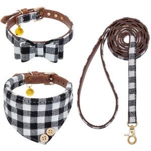 Clásico <span class=keywords><strong>Plaid</strong></span> ajustable perros Bandana y collares con campana cachorro gatos pajarita <span class=keywords><strong>Collar</strong></span> de perro y conjunto de correa - Product Image 1