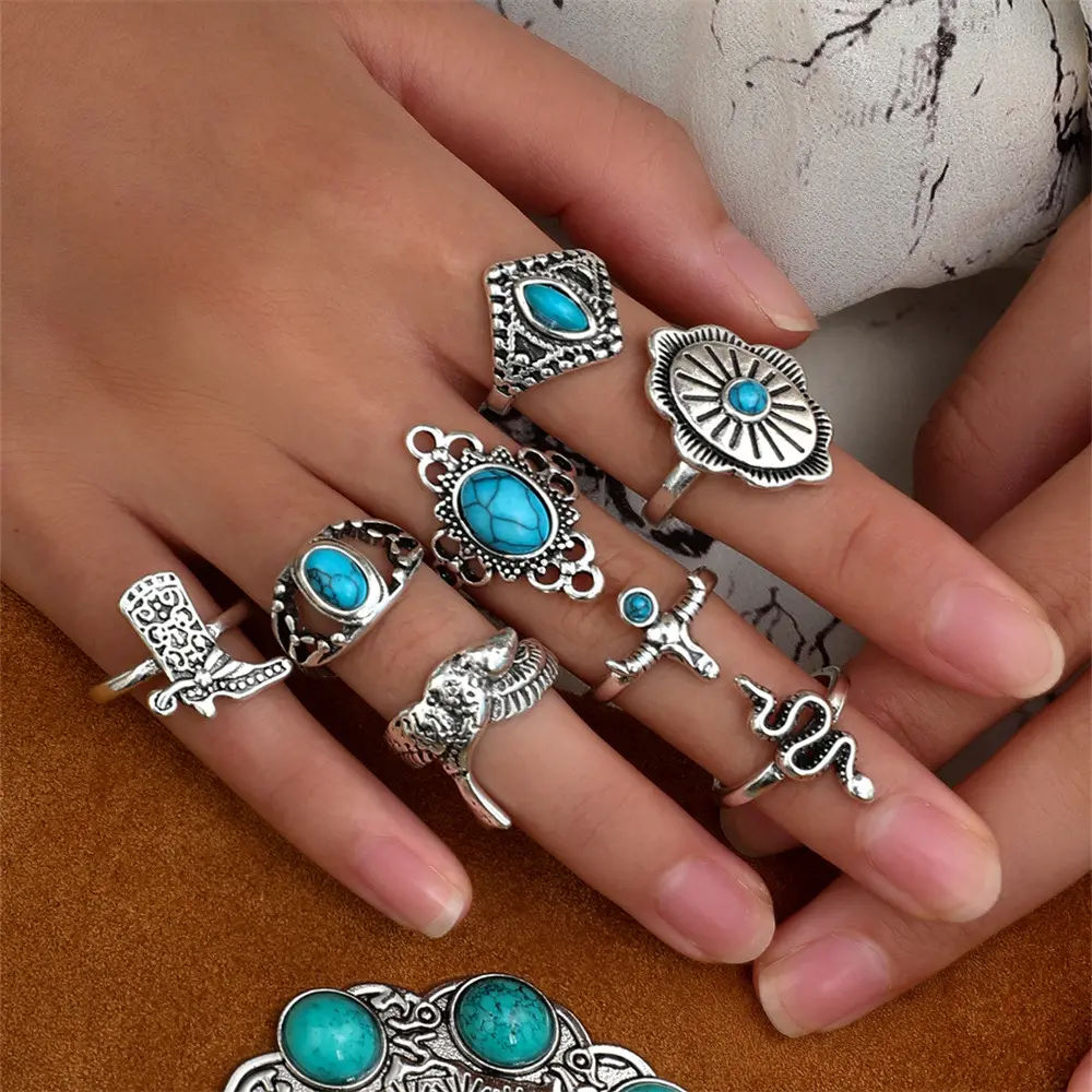 Western Cowgirls Retro Antique Silver Plated 8pcs Boots Cow Head Turquoise Ring Set Jewelry Women