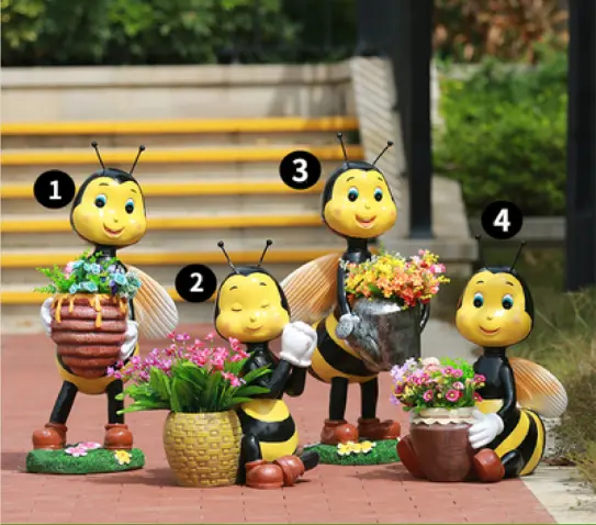 Wholesale Large Theme Park Resin Animal Statues Unique Design Life Size Fiberglass Garden Lawn Lifelike Cartoon Bee Flower Jar