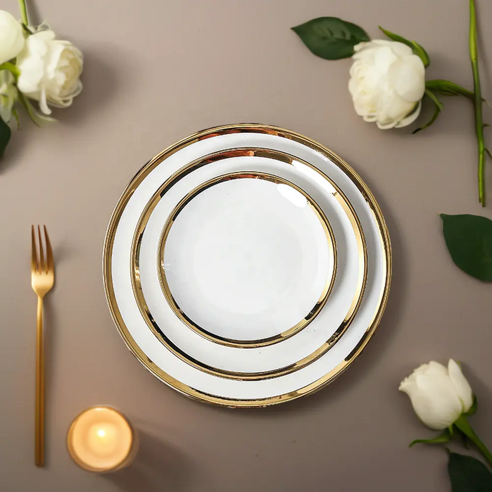 High Quality 6in 8in10inch Gold-Plated Ceramic Tableware Western Steak Fruit Porcelain Plate Noodles Wedding Table Plate Party