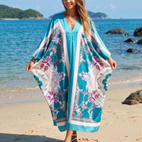 Gaun Kaftan Abaya Elegan V-Neck Wanita, Gaun Maxi Longgar Ukuran Besar, Jubah Arab Gaun Etnik Afrika Bermotif untuk Wanita, Pakaian Pantai dan Sehari-hari