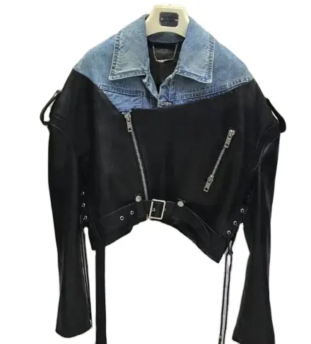Fashion denim leather joint coat pu leather bomber jacket motorcycle leather jaket for ladies women