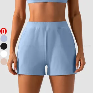 Fashion Women Ribbed Elastic Waist Loose Yoga Bike Shorts Casual Outdoors Workout Running Sport Shorts With Side Pockets