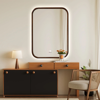 Antique Home Bathroom LED Automatic Fog Removal Mirror Rectangular Wooden Frame Illuminated Smart Mirror
