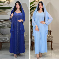 Setelan Jalabiya Mewah 2-Potong dari Kain Chiffon Polyester dengan Hijab Berhiaskan Rhinestone, Lengan Panjang, Elegan, Berkilau, Gaun Pesta Malam Dubai Kaftan