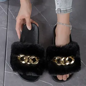 Large size new style outer wear metal chain ladies black fur sandals and slippers