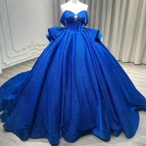 Royal Blue Off The Shoulder Ball Gown Empire Waist Beaded Evening Dress For Women - Product Image 3