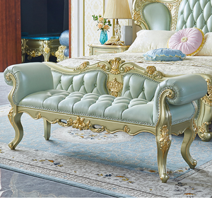 Tabouret de chevet en bois massif de style européen avec coussin en cuir, mobilier de chambre principale, banc sculpté, luxe haut de gamme - Product Image 4