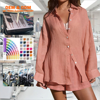 Vente en gros Marque privée Logo personnalisé Chemise et short en lin et coton Ensemble 2 pièces pour femmes