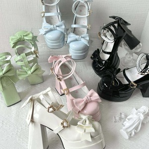 Cream Patent Leather Platform Heels <b>With</b> <b>Bow</b> And Buckle Strap Closed Toe Height Increasing <b>Shoes</b> - Product Image 4