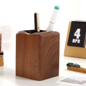 <b>Solid</b> <b>Wood</b> Pen Holder Walnut Square Nordic Minimalist Office <b>Desk</b> Organizer Stationery Storage For Study And Home Use - Product Image 3
