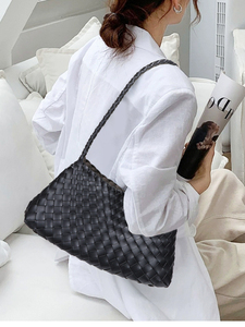 2025 primavera borse a tracolla in tessuto marrone scuro da donna Casual treccia Tote borsa a mano con coulisse da Guangzhou - Product Image 4