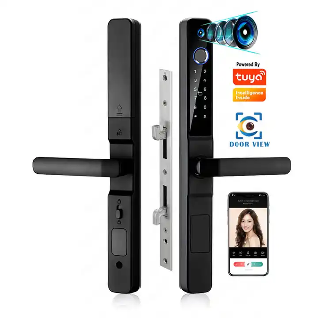 Tuya Wifi Electronic Smart Door Lock With Camera App Remote Control Biometric Handle Doorbell Aluminum Sliding Digital Door Lock