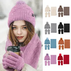 Wholesale Winter Warm Thick 3 Pieces Beanie Set Outdoor Thermal Comfortable Knit Scarf Glove And Hat Set