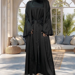 Elegant Women's Abaya <b>Set</b> with Flowy Long Sleeve Outer Coat and Tie Waist Muslim Dress for Formal and Casual Wear (Style 1925) - Product Image 3