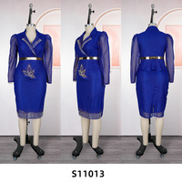 S11013 Luxury Summer Dresses Women Casual Mesh Rhinestone Beaded Suit Collar Office Lady Career Dresses African Dress for Women