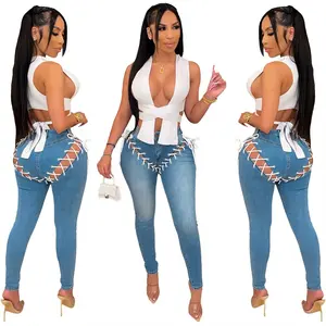Think 2024 Stretchy Denim Trousers Pantalones fashion pants blue skinny lace up jeans slim high waist ripped jeans for women