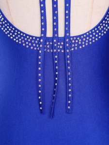 Vestido de baile latino para mujer con flecos, pedrería, licra, cuello halter, malla asimétrica, ajustado, para salsa, baile de salón, competición - Product Image 3