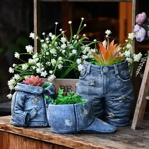 Vaso de resina para roupas em denim, vaso de flores de resina para jardim, criativo, pote de flores, enfeite de chapéu, recipiente para arranjo de flores, presente artesanato