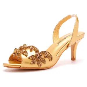 large size rhinestone point toes slingback kitten heels fency ladies low heel gold beautiful high heels party shoes for women
