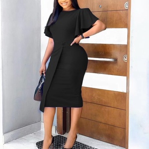 Robe de soirée à manches évasées et col rond de couleur unie, robes pour femmes grandes tailles - Product Image 5