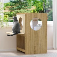 Venta al por mayor de fábrica: Casa de madera para gatos con ventana, comedero y compartimento de almacenamiento, doble orificio, mueble tipo condominio para gatos de interior, OEM