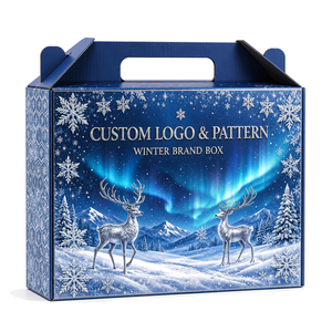 Custom Printed Christmas Gift Box with Integrated Carry Handle and Gold <strong>Starburst</strong> for Christmas Retail Packaging - Product Image 1